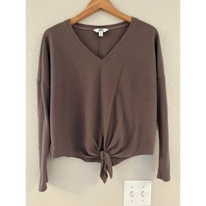 JoyLab‎ Womens Brown Waffle Knit V-Neck Front Tie Long Sleeve Thermal Top Medium